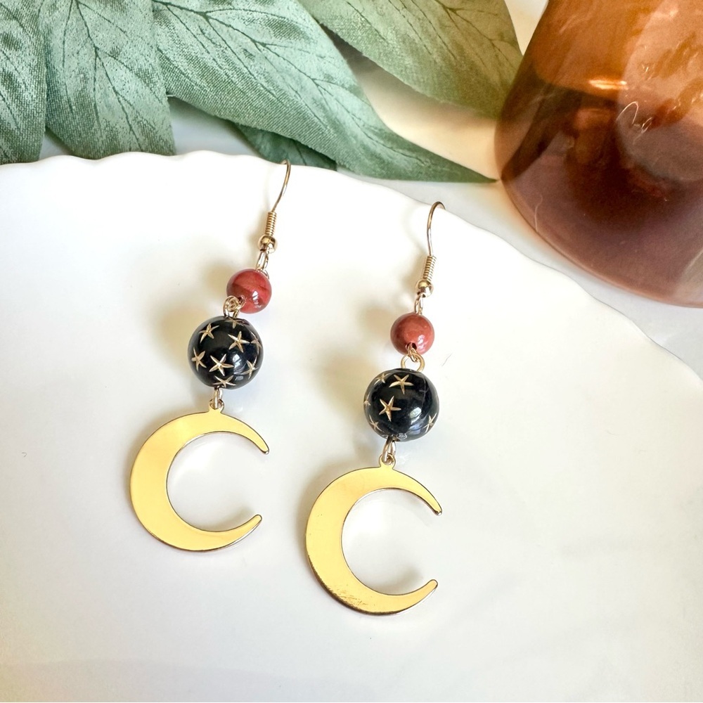 2/$30🌵 Gold Crescent Moon Earrings Star Bead Celestial Bohemian Boho Gift NEW